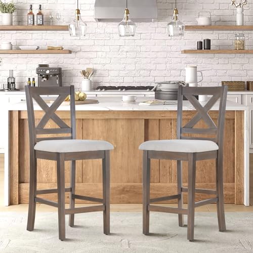 Mid Century Modern Wooden Bar Stools, Light Brown, Set of 2, 25 Inch Height