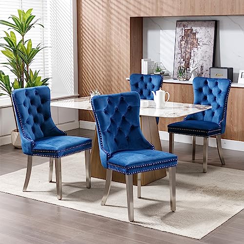 Set of 2 Blue Velvet Dining Chairs with Chrome Legs