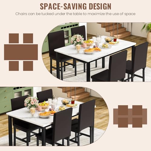5-Piece Faux Marble Dining Table Set for 4 with PU Leather Chairs - Ideal for Small Spaces (White & Dark Brown)