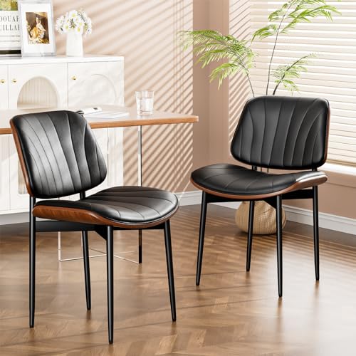 Mid Century Modern Walnut Dining Chair Set with Metal Legs, Black