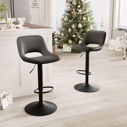 YOUNIKE Set of 2 Black Modern Swivel Bar Stools - Adjustable Faux Leather Counter Height Stools for Kitchen Island