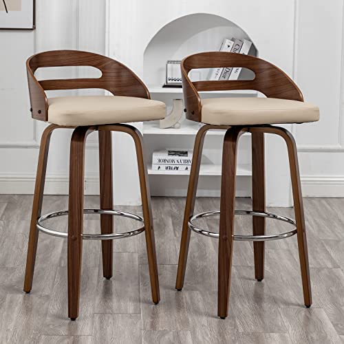 Beige Swivel Bar Stools, 24.6-Inch Height, Low Back, Cushioned Seat (26 Counter Height)