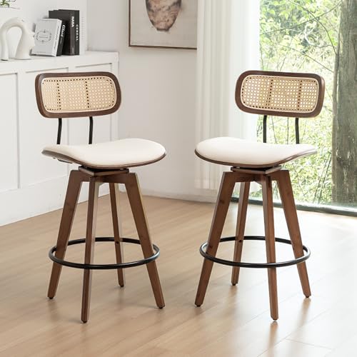 Swivel Rattan Bar Stools Set of 2 - Mid Century Modern Design for Kitchen or Bar