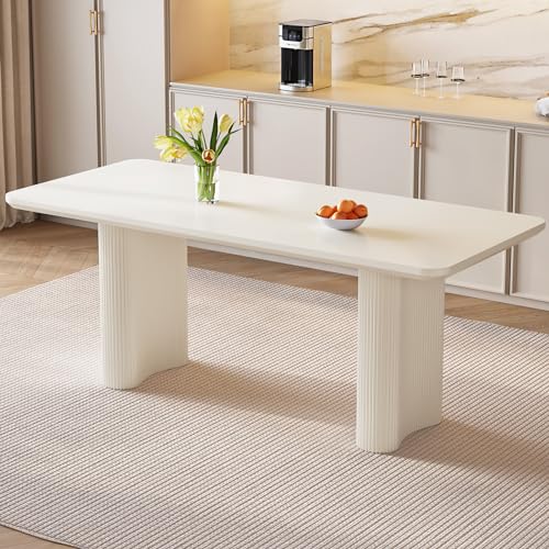 63 White Modern Dining Table with Sleek Pedestal Support for Kitchen and Living Room