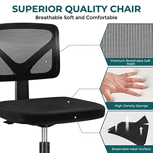DUMOS Armless Rolling Desk Chair - Ergonomic Mesh Office Chair for Small Spaces, Dark Black