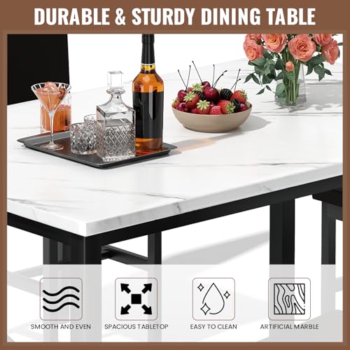 5-Piece Faux Marble Dining Table Set for 4 with PU Leather Chairs - Ideal for Small Spaces (White & Dark Brown)