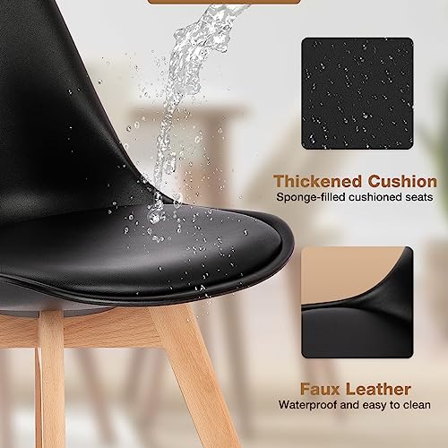 JNS AVIATION Set of 4 Mid-Century Modern Dining Chairs with Wood Legs and PU Leather Cushions - Black