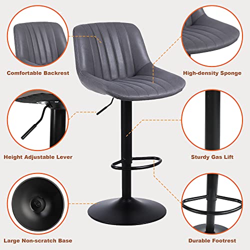 Set of 2 Adjustable Dark Grey Swivel Bar Stools with Back