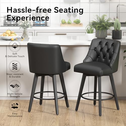 Set of 2 Black Counter Height Swivel Bar Stools with Backs and Footrests, 26.8 Inch Linen Upholstered for Kitchen Island and Dining Room