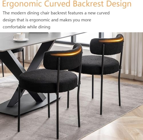 Set of 4 Black Boucle Upholstered Dining Chairs with Metal Legs