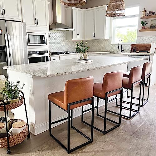 3 Brown Leather Counter Height Bar Stools in Set for Kitchen Counter by PHI VILLA