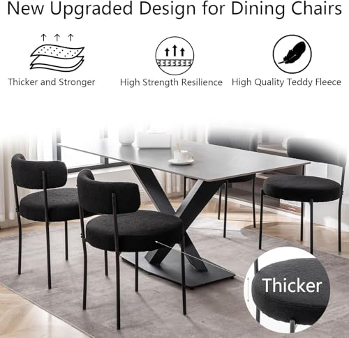 Set of 4 Black Boucle Upholstered Dining Chairs with Metal Legs