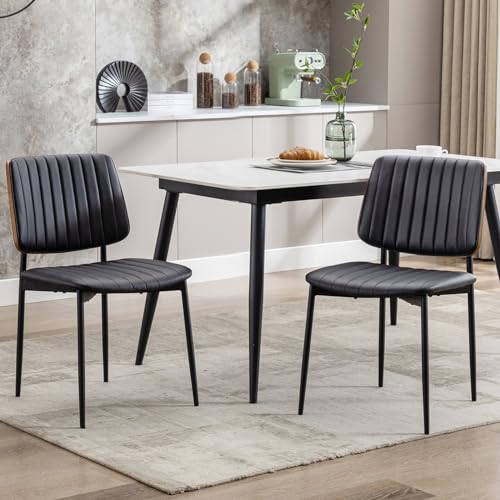 Mid Century Modern Black Leather Dining Chairs Set of 2 for Kitchen and Dining Room