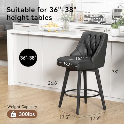 Set of 2 Black Counter Height Swivel Bar Stools with Backs and Footrests, 26.8 Inch Linen Upholstered for Kitchen Island and Dining Room