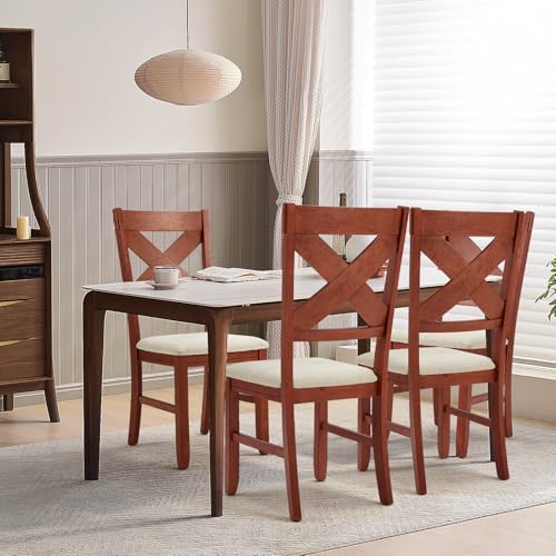 MELLCOM Set of 2 Modern Farmhouse Upholstered Dining Chairs with Cross Back, Cherry