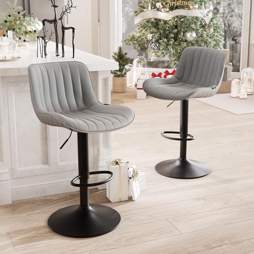 JNS AVIATION Adjustable Grey Upholstered Bar Stools - Kitchen Island Chairs Set