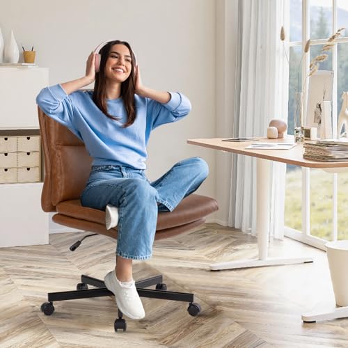 LUCKWIND Armless Swivel Desk Chair with Wheels, Adjustable Height, Double-Padded PU Leather for Home, Office & Bedroom (Brown)