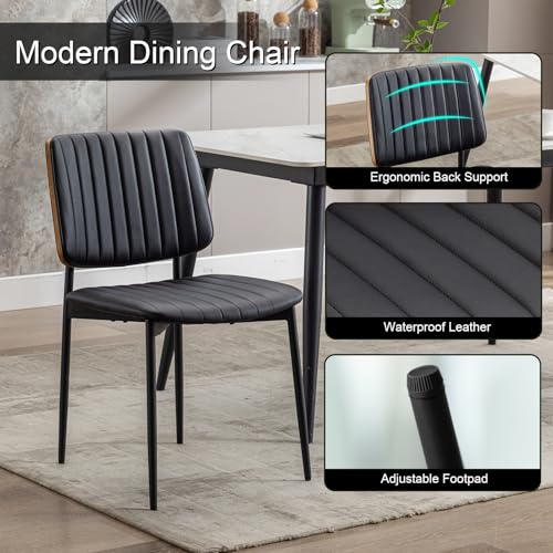 Mid Century Modern Black Leather Dining Chairs Set of 2 for Kitchen and Dining Room