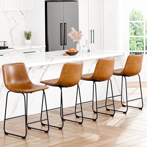 4-Piece Brown Modern PU Leather Bar Stool Set with Metal Legs Footrest Kitchen Island