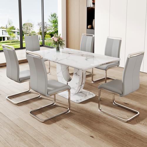 Modern White Faux Marble Dining Table Set for 6 with 6 PU Leather Chairs