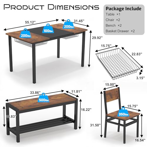 Industrial Dining Table Set for 4-6: Rustic Brown with Benches, Chairs, and Storage Rack