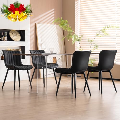 JNS AVIATION Set of 2 Mid-Century Modern Black Upholstered Dining Chairs with Metal Legs