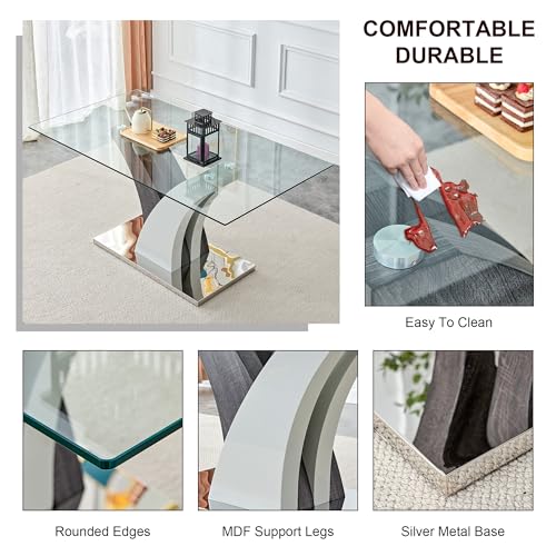 AZmac 63 Glass Dining Table Set for 6 with White PU Leather Chairs