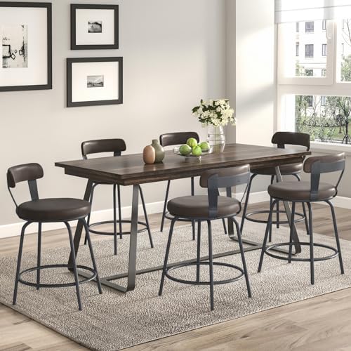 Set of 2 Modern 24-Inch Brown Leather Swivel Counter Height Bar Stools with Backs