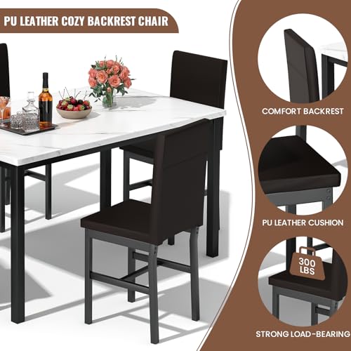 5-Piece Faux Marble Dining Table Set for 4 with PU Leather Chairs - Ideal for Small Spaces (White & Dark Brown)