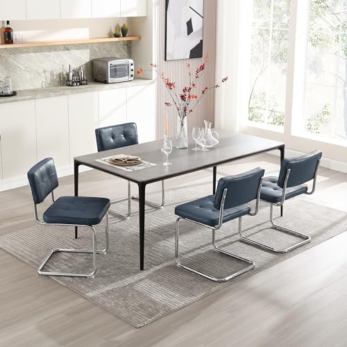 Mid-Century Modern Upholstered Leather Dining Chairs Set of 4 - Industrial Metal Leg, Armless Design in Blue