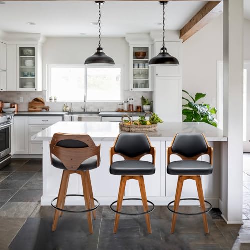 Set of 2 Swivel Bar Stools with Bamboo Legs for Kitchen Island (Black-PU)