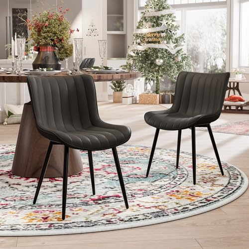 JNS AVIATION Set of 2 Mid-Century Modern Black Upholstered Dining Chairs with Metal Legs