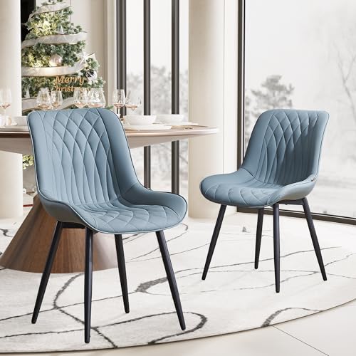 Modern Dining Chairs Set of 2 with High Back and Upholstered Faux Leather - Greyish Green