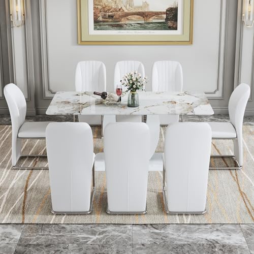 8-Person Dining Table Set with White Faux Marble and Leather Chairs