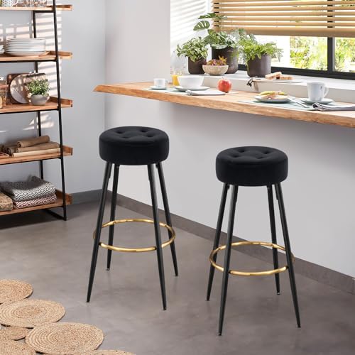 Black Velvet Kitchen Bar Stool Set with Golden Feet (Set of 2)