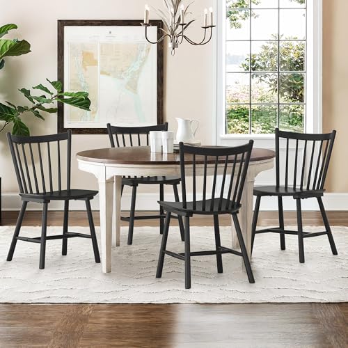 LUE BONA Set of 4 Farmhouse Wooden Dining Chairs, Black Windsor Style