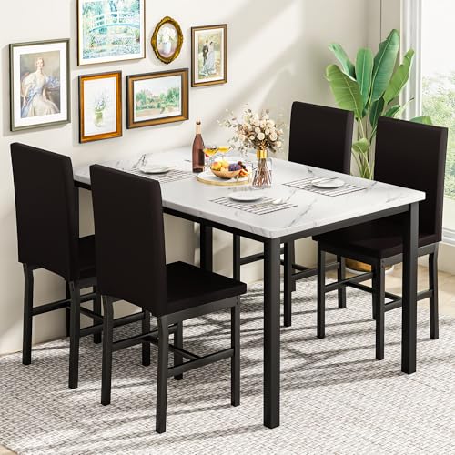 5-Piece Faux Marble Dining Table Set for 4 with PU Leather Chairs - Ideal for Small Spaces (White & Dark Brown)