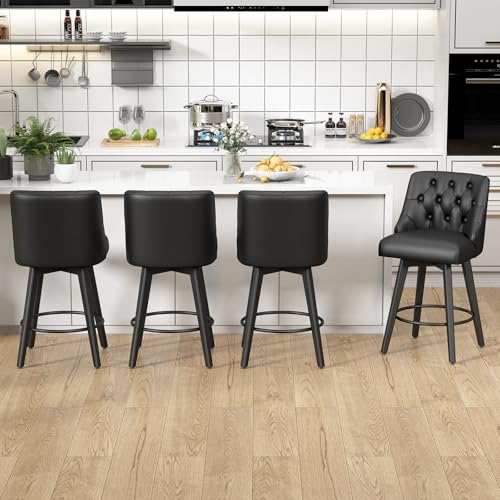 Set of 2 Black Counter Height Swivel Bar Stools with Backs and Footrests, 26.8 Inch Linen Upholstered for Kitchen Island and Dining Room