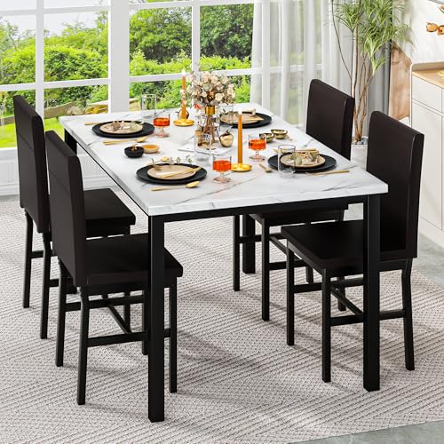 5-Piece Faux Marble Dining Table Set for 4 with PU Leather Chairs - Ideal for Small Spaces (White & Dark Brown)