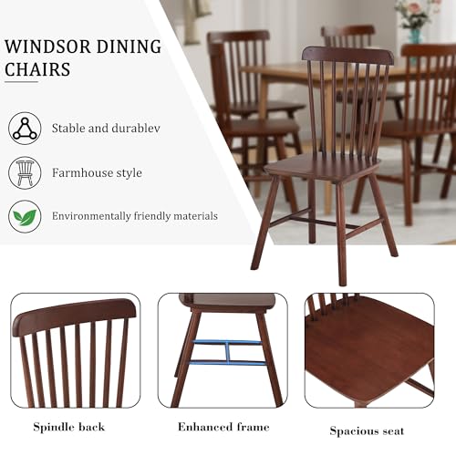 Set of 4 Farmhouse Solid Wood Windsor Dining Chairs for Restaurant or Kitchen (Walnut, 17.3 W x 16.1 D x 34.6 H)
