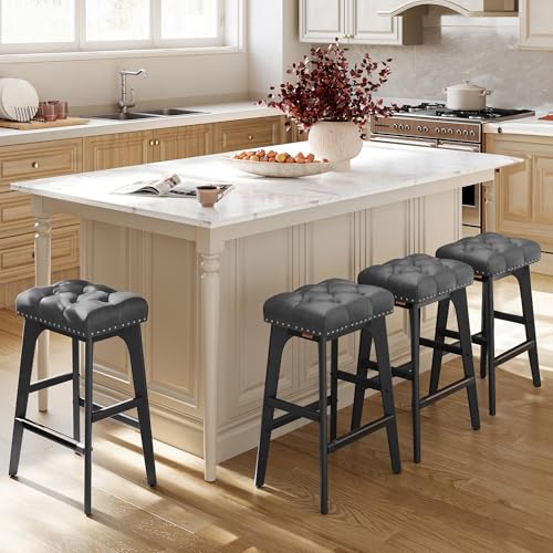 Saddle Bar Stools Set of 4 for Counter Height, Black PU Leather Upholstered with Wood Legs