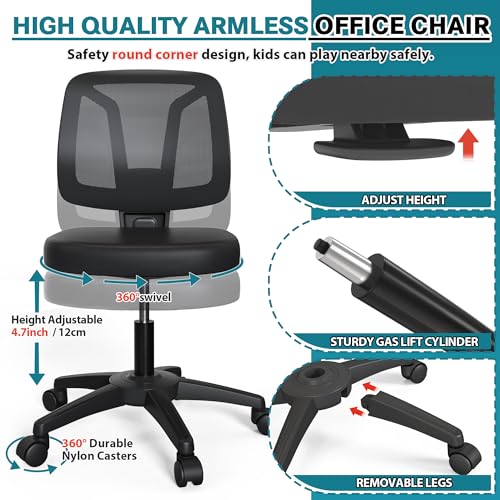 Ergonomic Armless Swivel Desk Chair for Small Spaces – Adjustable Height, Black, with Wheels
