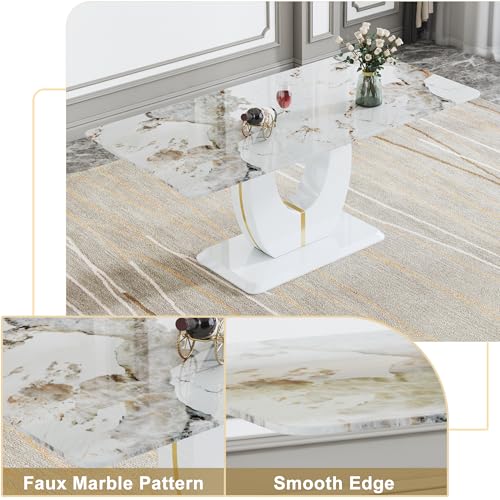 8-Person Dining Table Set with White Faux Marble and Leather Chairs