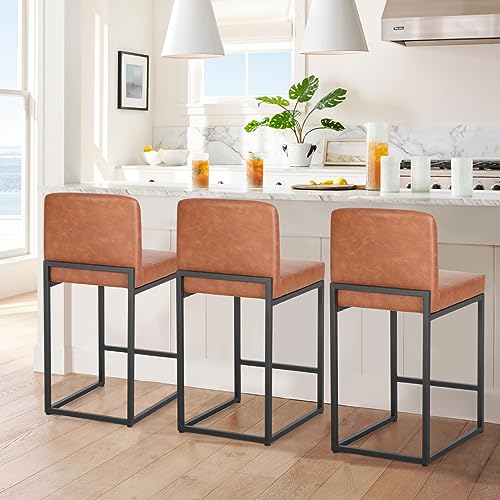 PHI VILLA 3-Piece Brown Leather Counter Height Bar Stool Set