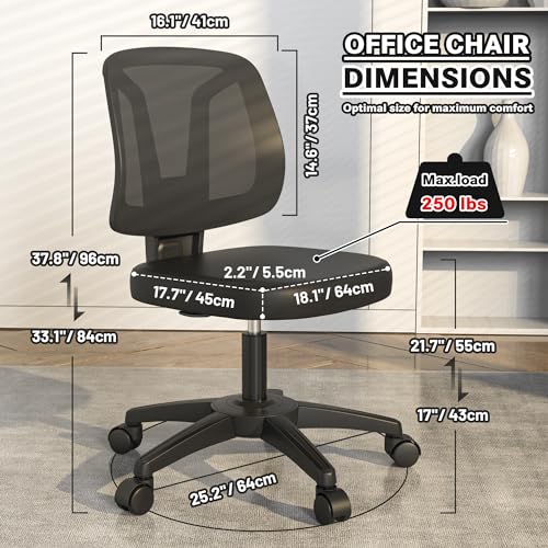 Ergonomic Armless Swivel Desk Chair for Small Spaces – Adjustable Height, Black, with Wheels