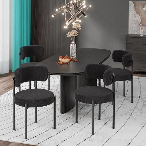 Set of 4 Mid-Century Modern Black Dining Chairs with Curved Backrest and Sherpa Upholstery