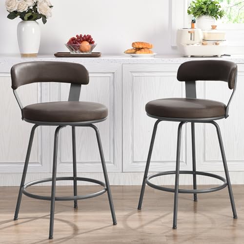 Modern 24-Inch Brown Leather Swivel Bar Stools With Backs