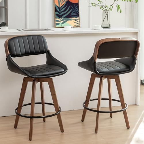 2 Leather Swivel Bar Stools - Walnut Craftsmanship