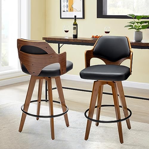Black Swivel Bar Stools with Bamboo Legs for Kitchen Island (PU)