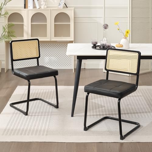 Mid Century Modern Rattan Dining Chairs Set of 2 with Cane Back and Chrome Legs